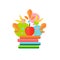 Flat style icon stack of books and an apple. Cute simple leaves, drop of paint around. Back to school objects. Education Concept