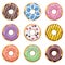 Flat style icons of colorful donuts. vector