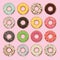 Flat style icons of glazed colorful donuts, vector