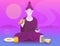 Flat style illustration of cartoon Buddha sitting in lotus pose and having breakfast