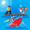 Flat style illustration of a father with children is driving a red radio-controlled model of a modern powerboat from the