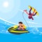 Flat style illustrations of characters in popular summer beach activities and water activities. Guy rides a water