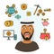 Flat style infographics with scared Arab person, blockchain and financial symbols. Bank bitcoin cryptocurrency vector