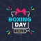 Flat style poster design with Boxing Day Sale text on gift box decorated with geometric elements on blue rays background