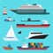 Flat style set of sea transport on blue water background