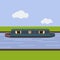 Flat Style Side View Narrow Boat on Canal Vector Illustration