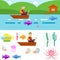 Flat Style Underwater Life with Fisherman on a boat Vector