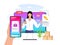 Flat style vector illustration of woman selling online using social commerce platform. Concept of social media commerce, online