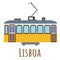 Flat style vintage yellow tram, symbol of Lisboa. Landmark icon for travelers. Vector illustration isolated on white