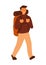 Flat style. Walking man, a tourist with a big backpack. Pastel colors. A person goes hiking.