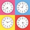 Flat style yellow, blue, pink and red analogue clock collection