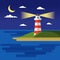 Flat summer vector night landscape. Travel and sailing concept template with moon, sea, lighthouse. Outdoor Tourism
