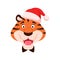 Flat talking smiling tiger face in Santa hat