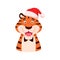 Flat talking smiling tiger in Santa hat portrait