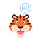 Flat talking smiling tiger say Hi face isolated.