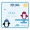 Flat template of diploma decorated with penguins stylized as a children with propeller hat.