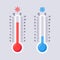 Flat thermometers. Hot and cold mercury thermometer with fahrenheit and celsius scales. Warm and cool temperature vector icons