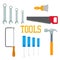 Flat tools. Hammer, screwdriver saw brush with lettering Instrument