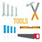 Flat tools. Hammer, screwdriver saw chisel, wrench with lettering Instrument