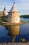 Flat tower close-up on a warm July evening. Pskov