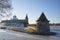 Flat Tower on the river Pskov february day. Russia