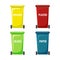 flat trash bins collection isolated on white background. Wheels cans for separate garbage collection. colored containers for