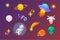 Flat ufo sticker pack in fantasy style. Alien Doodle icon set illustration. Space childish vector object. Spaceship