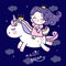 Flat unicorn fairy cartoon Pony Child vector with princess Kawaii girl in night