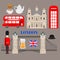 Flat United Kingdom, London travel icon landmark traditional food. Great Britain travel vacation sightseeing