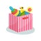 Flat vectir icon of pink striped container full of children toys. Pyramid with colorful rings, rubber duck, cube and