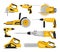 Flat vectoe set of different power tools. Electric saws, sanding machine, hammer drills, glue gun. Building equipment
