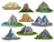 Flat vectoe set of natural landscape elements. Large mountains surrounded with green grass and small lakes, volcano with