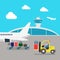 Flat vector airport: plane, luggage, loading, baggage