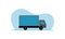 Flat vector of blue and gray delivery van against blue and white background