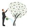 Flat vector businessman watering money tree and reaches for the dollar. Successful man business project investment income concept