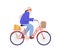 Flat vector cartoon illustration of bicycling woman in warm clothing. Female character riding bicycle in cold autumn