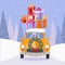 Flat vector cartoon illustration of retro car with presents and christmas tree on the top. Little classic yellow car carrying gift