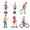 Flat vector collection with kids on electric transport. Children ride bicycles, skateboards, scooters, gyroboards