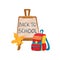Flat vector composition with objects related to education theme. Wooden easel, canvas with text, backpack and Autumn
