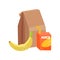 Flat vector composition of school lunch. Paper bag, ripe banana and box of juice with drinking straw. Healthy eating