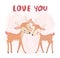 Flat vector cute couple reindeer smile, kiss with love you word, valentine card, cute animal character idea for child and kid