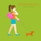 Flat vector dog walking girl with dachshund