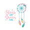 Flat vector ethnic print design Dreamcatcher with flowers in pastel palette. Cute illustration in simple cartoon style. Lettering