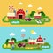 Flat vector farming agriculture banner: farm building, livestock