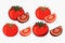 Flat Vector Fresh Tomato Icon Set Isolated. Whole and Quartered Tomatoes Design Templates for Recipes, Menus, Culinary