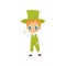 Flat vector icon of adorable red-haired boy in traditional Irish costume. Kid in bright green waistcoat, pants and top