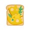 Flat vector icon of appetizing sandwich. Toasted bread with green arugula and slices of cheese. Delicious snack