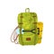 Flat vector icon of big camouflage backpack with small shovel, rope and yellow tourist mat. Traveler equipment. Hiking