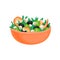 Flat vector icon of big orange bowl with fresh salad. Tasty dish from fresh shrimps, mozzarella cheese, black olives