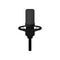 Flat vector icon of black condenser microphone on stand. Mic for recording voice. Equipment for radio or record studio